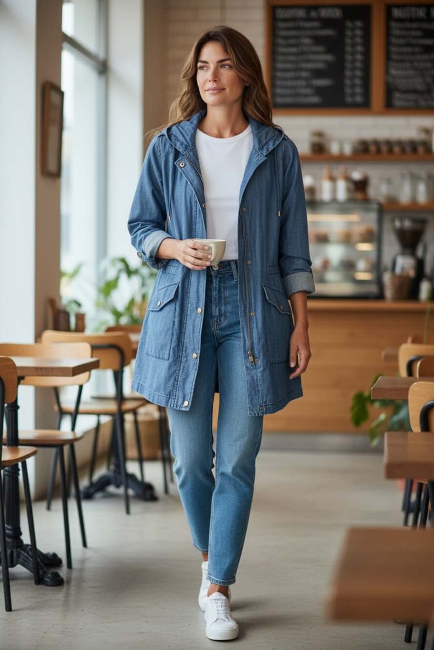 Emma Women's Hooded Chambray Anorak Utility Jacket in Medium Wash Size Small
